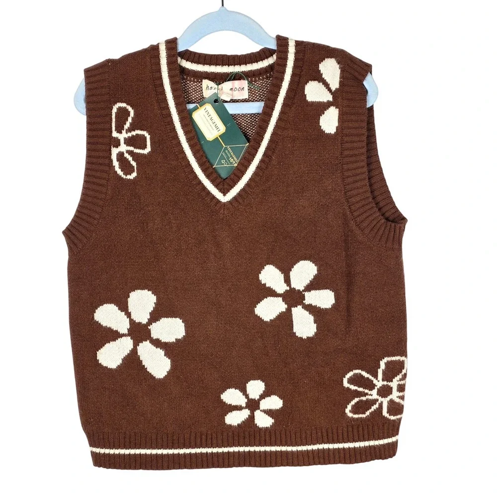 Hazel Moon Girls Knit‎ Sweater Crop Vest M Brown Flower Kids Trendy Autumn Fall